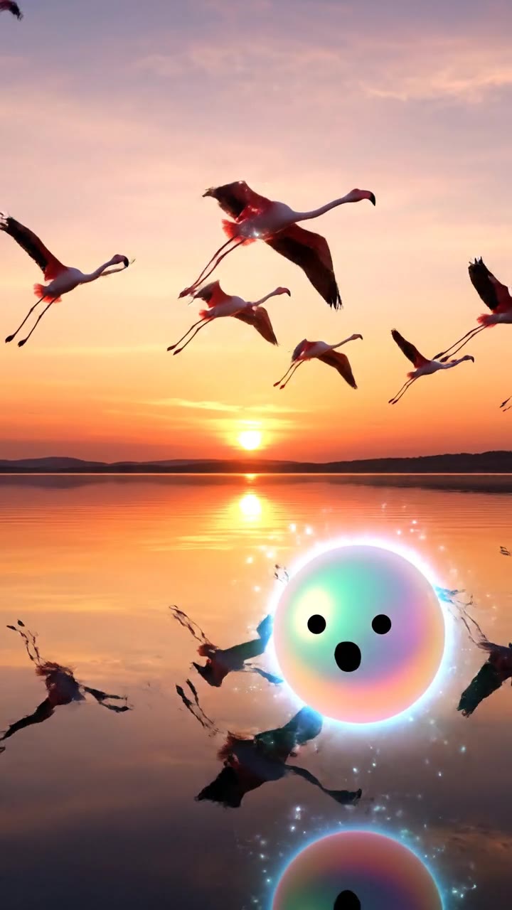 Flamingos standing in perfectly still water