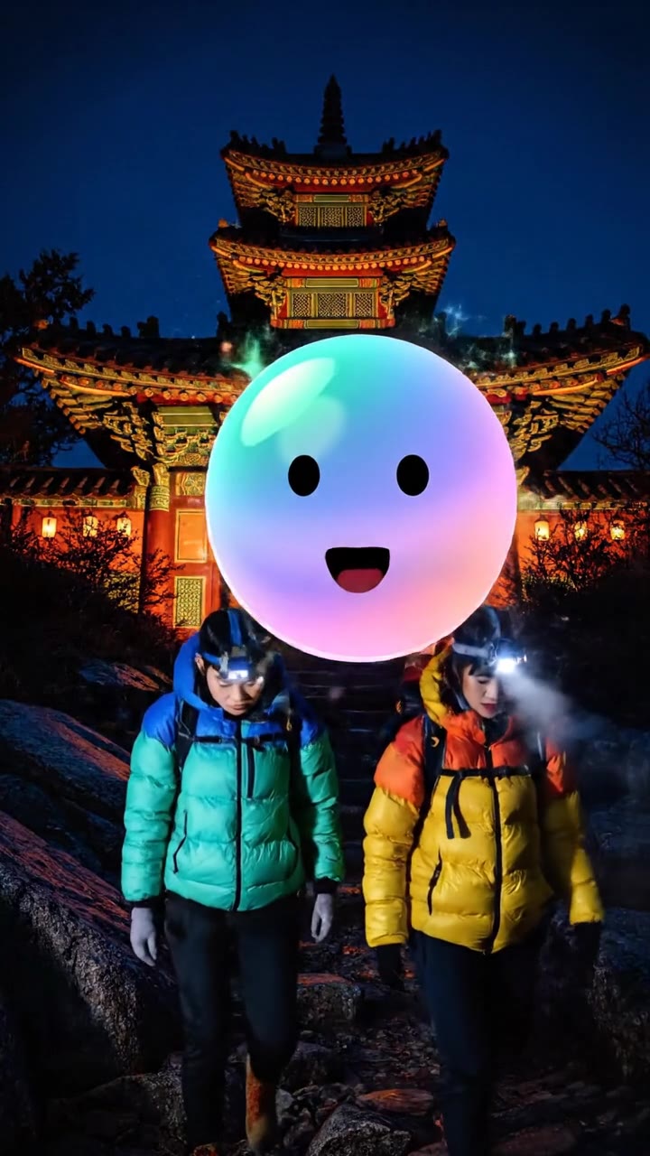 Paper lanterns guide hikers through dark mountain forests to summit temples