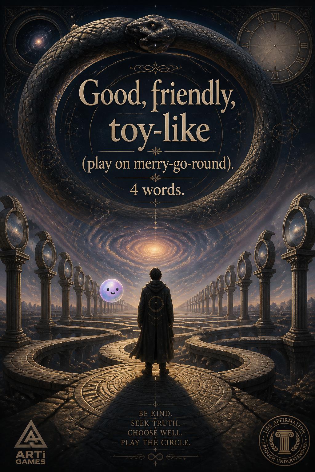 Good, friendly, toy-like (play on merry-go-round). 4 words.