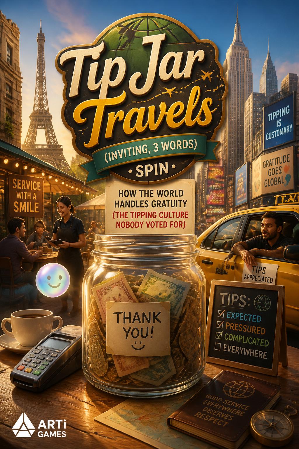 Tip Jar Travels (Inviting, 3 words)
        *   Spin
