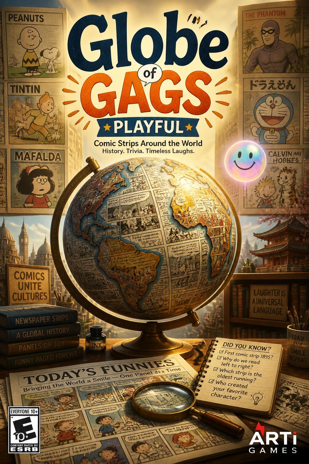 Very toy-like. Simple.
    *   Globe of Gags - Playful,