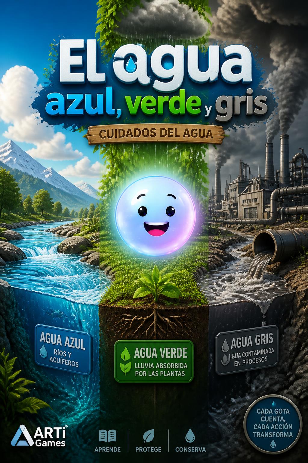 El agua azul, verde y gris