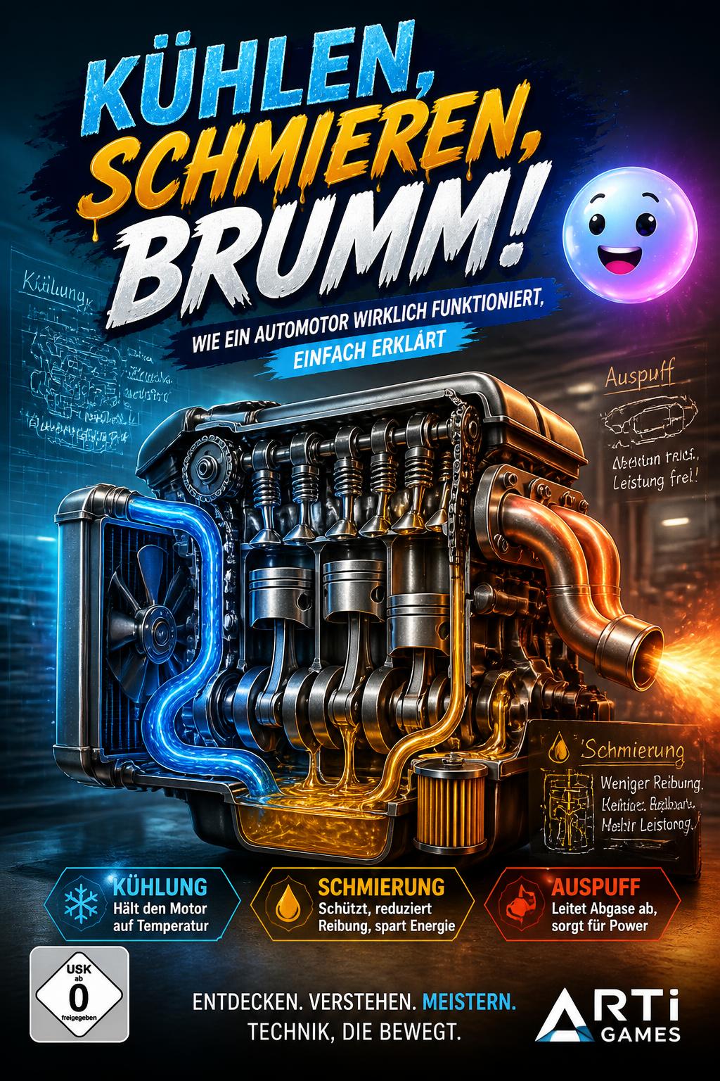 (Simple, 3 words):* Kühlen, Schmieren, Brumm! (Cool