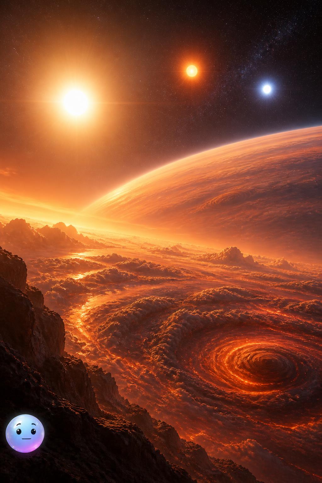 The world with three suns in its sky