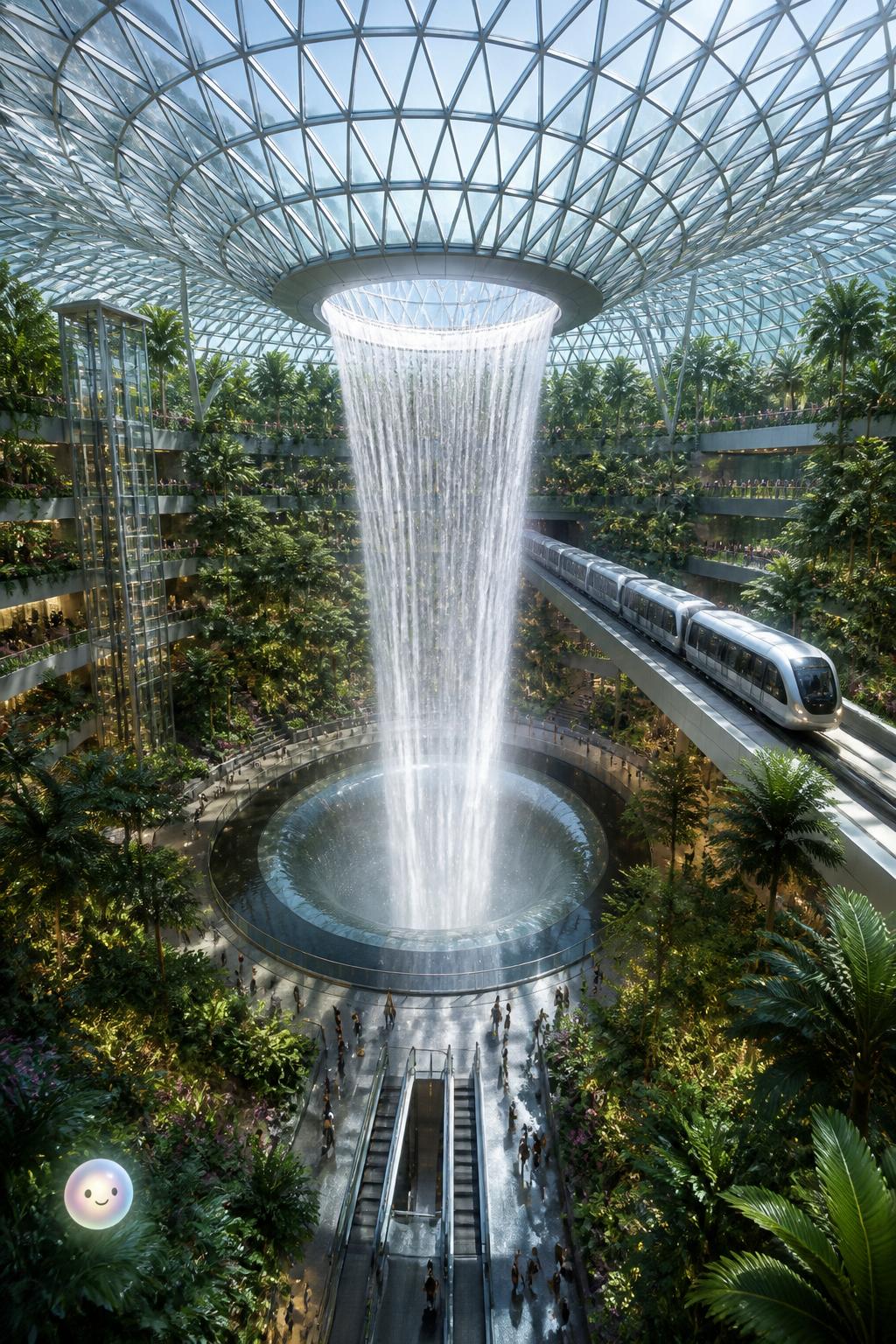 An airport with a giant indoor waterfall