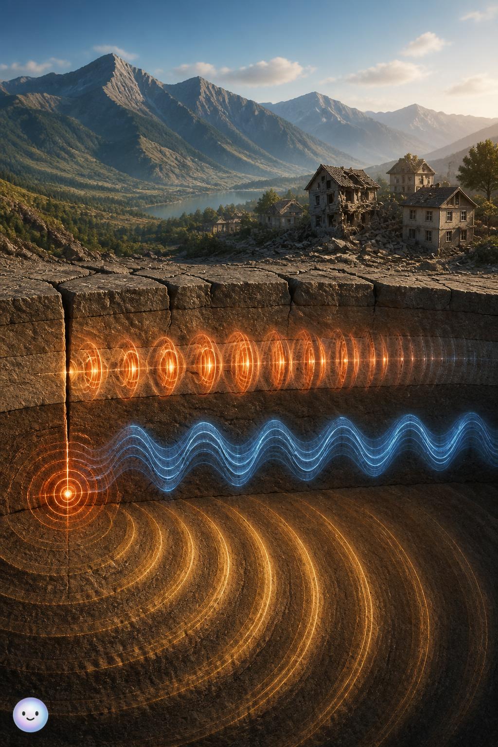 Seismic waves that ripple through rock