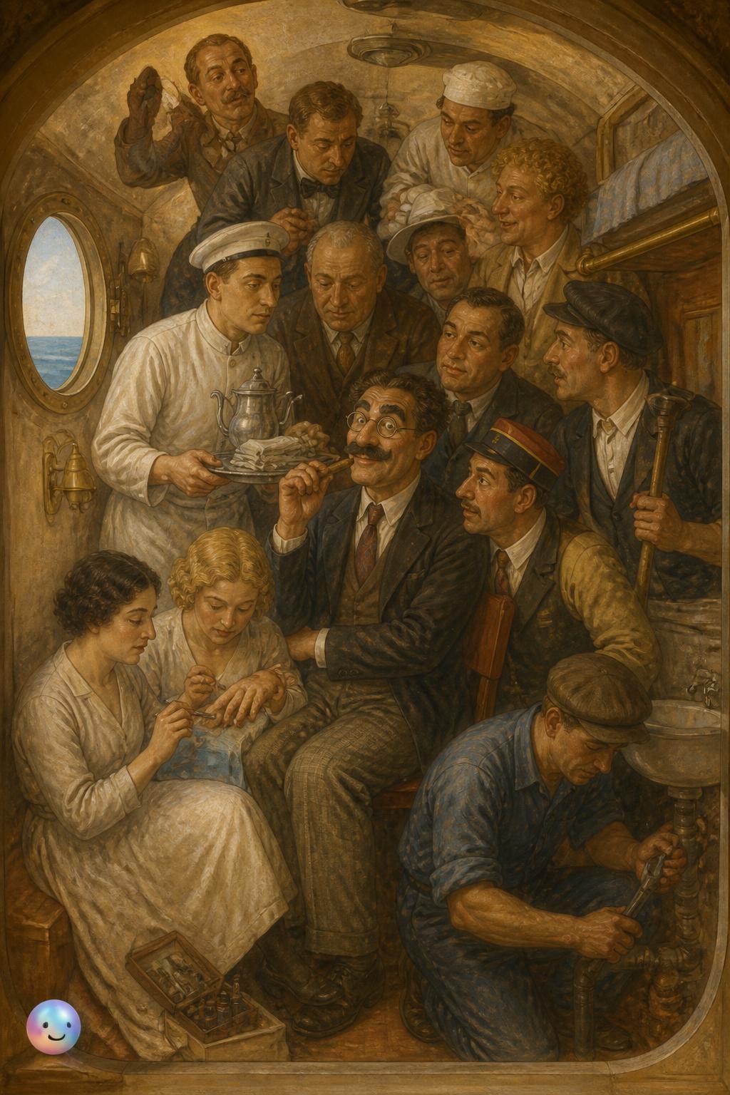 The crowded stateroom scene