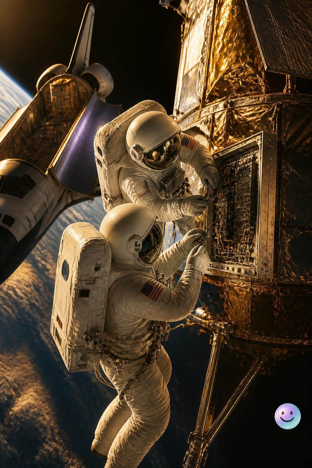 Astronauts hotwiring a satellite in space