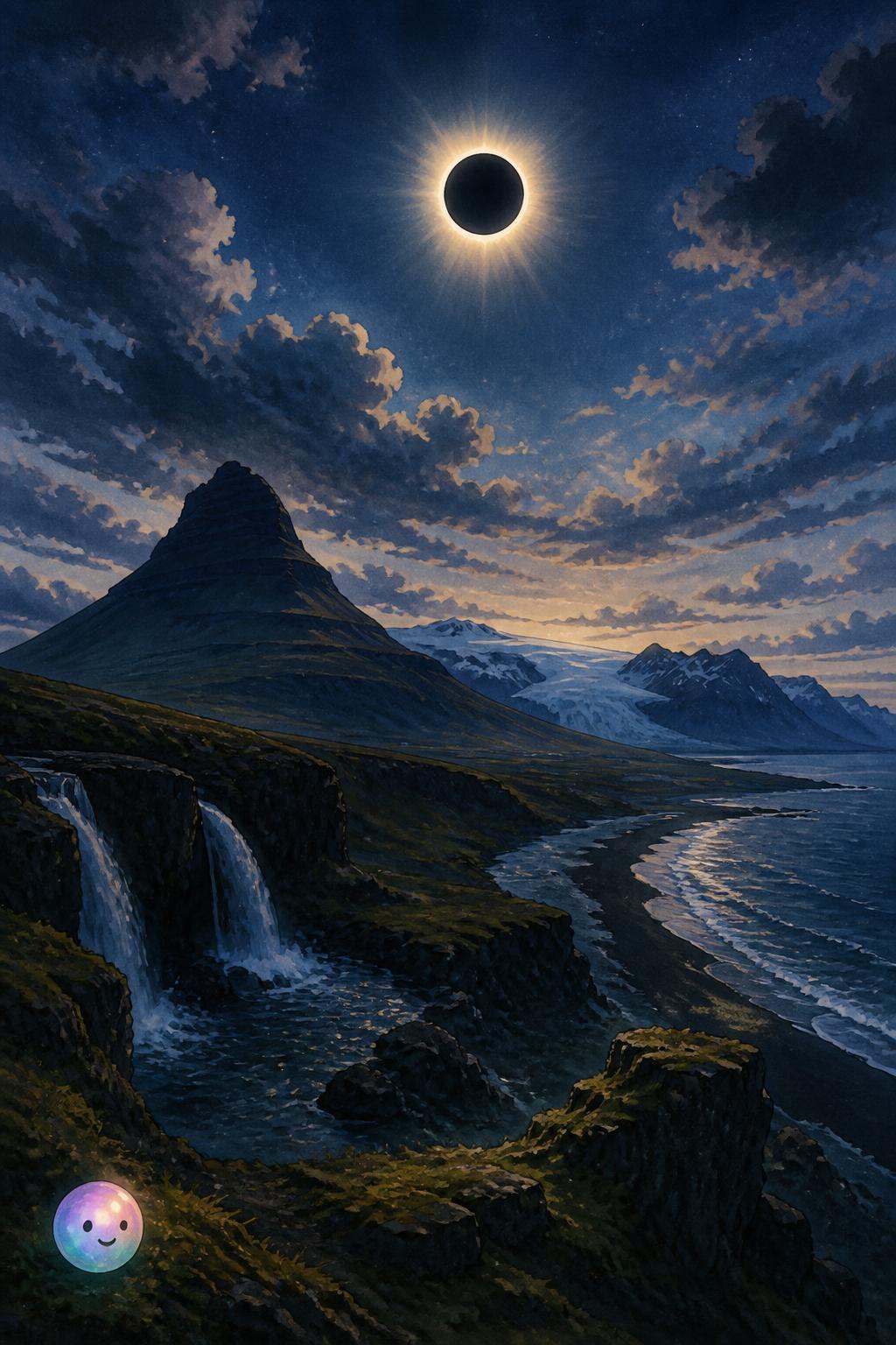 Totality over dramatic volcanic landscapes