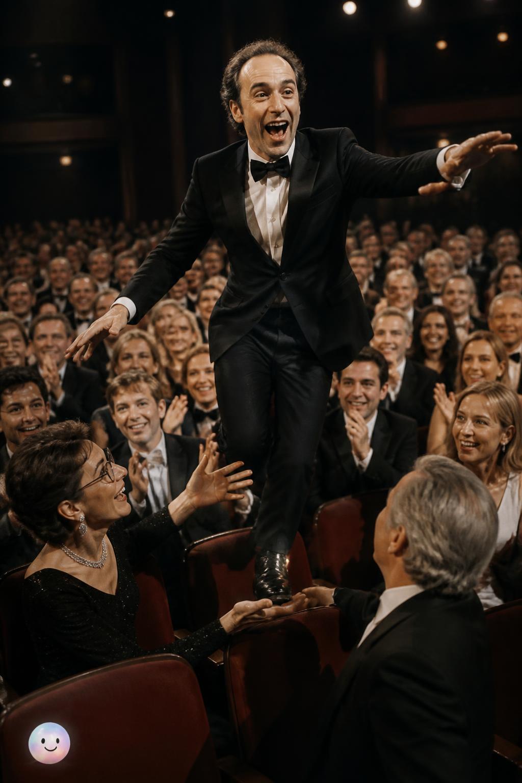Roberto Benigni climbs over the seats