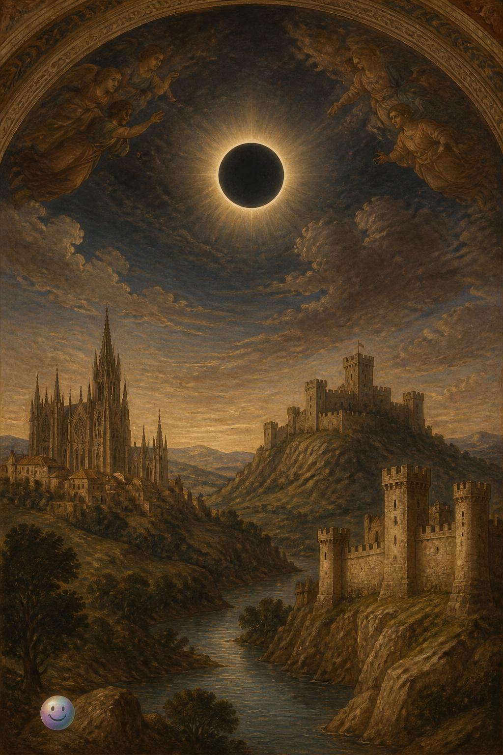 Ancient Spanish castles under a darkened sky