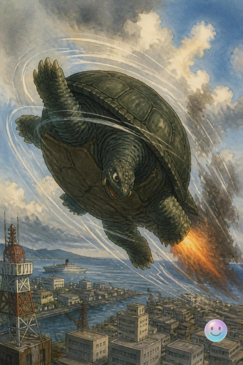 A giant spinning turtle enters the arena