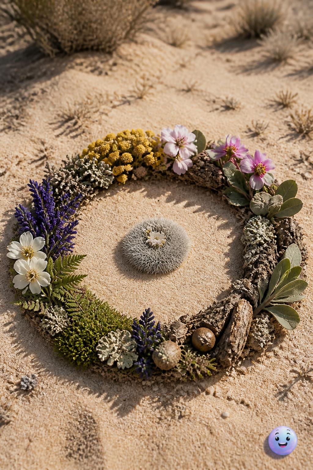 Una corona de flores en la arena