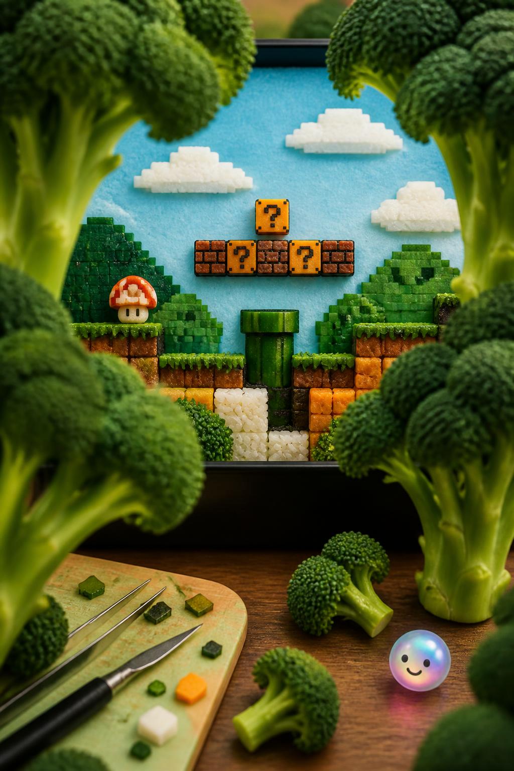 Broccoli Foreground Framing in Video Game Bento Art