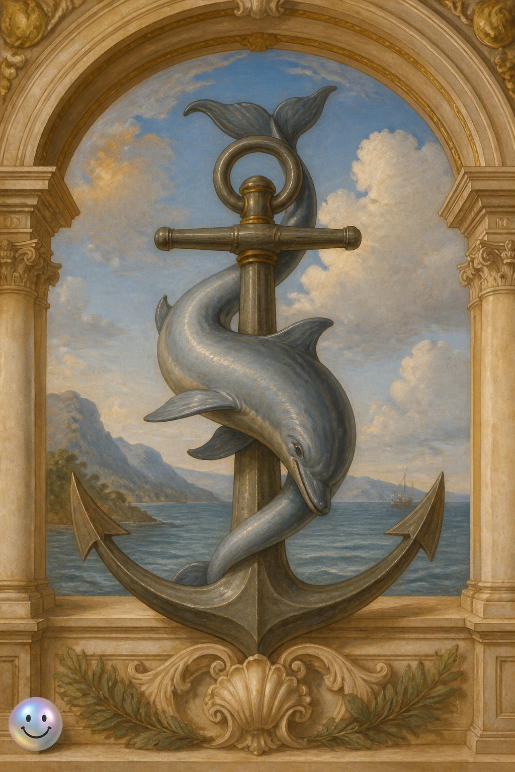 The symbol of the anchor and dolphin