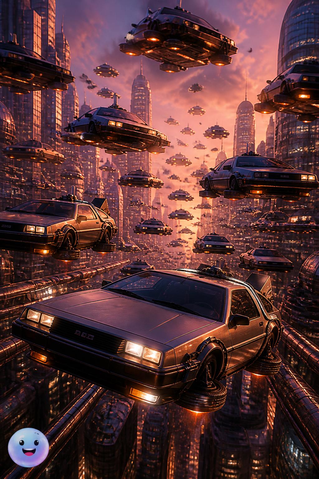 Fliegende DeLoreans im Stau