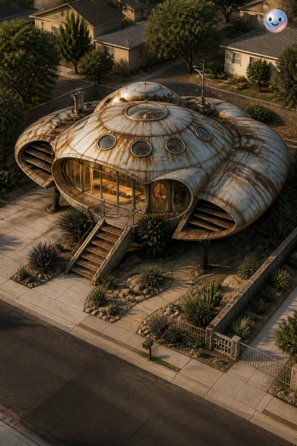 A rusty spaceship in suburbia