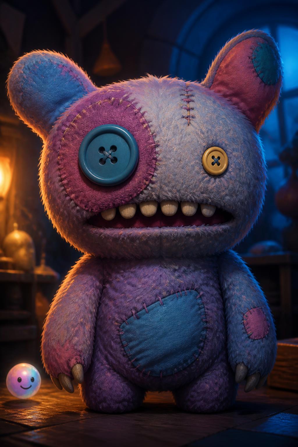 Staring back with mismatched and button eyes