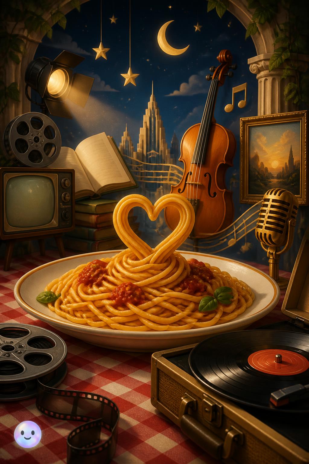 An animated romance over a plate of spaghetti