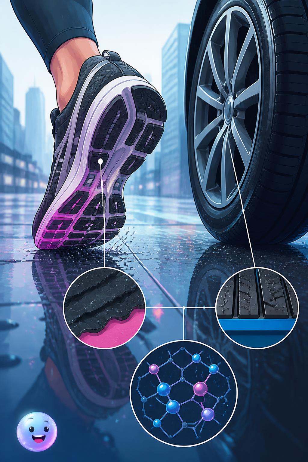 Car tire technology on wet city pavement