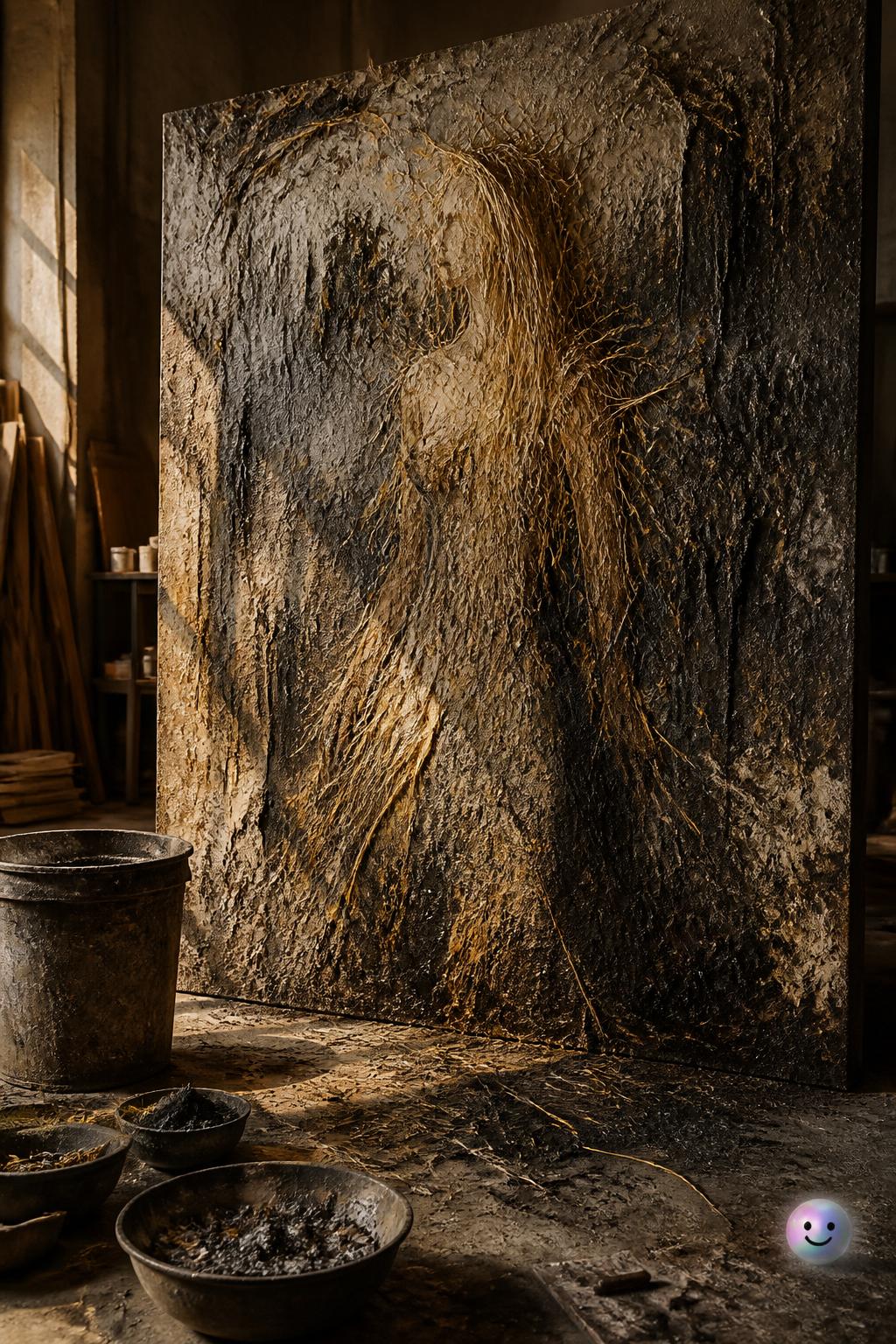 Painting with lead, straw, and real ash