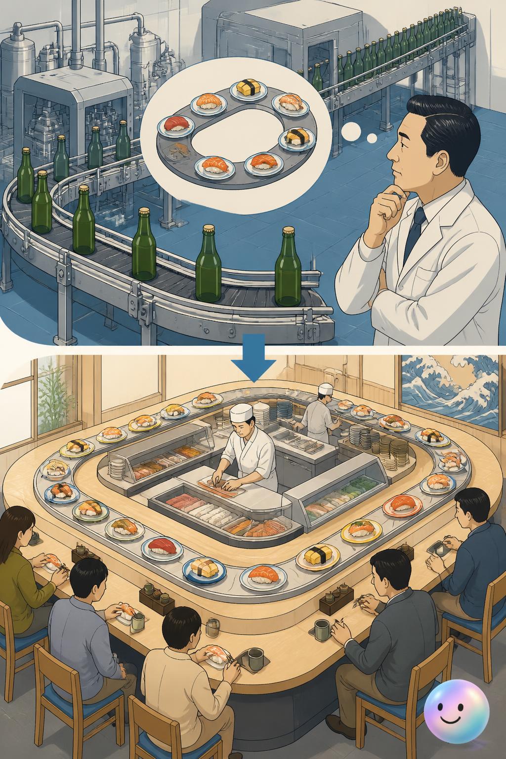 ビール工場から着想を得た回転寿司