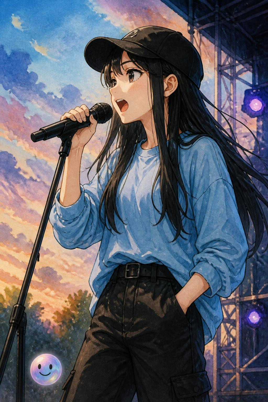 Una niña anime cabello largo negro cantando con gorra y pantalón negro blusa azul celeste