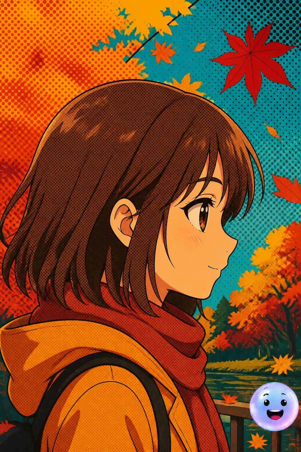 Los tonos cálidos de otoño hacen resaltar el brillo del cabello castaño estilo anime