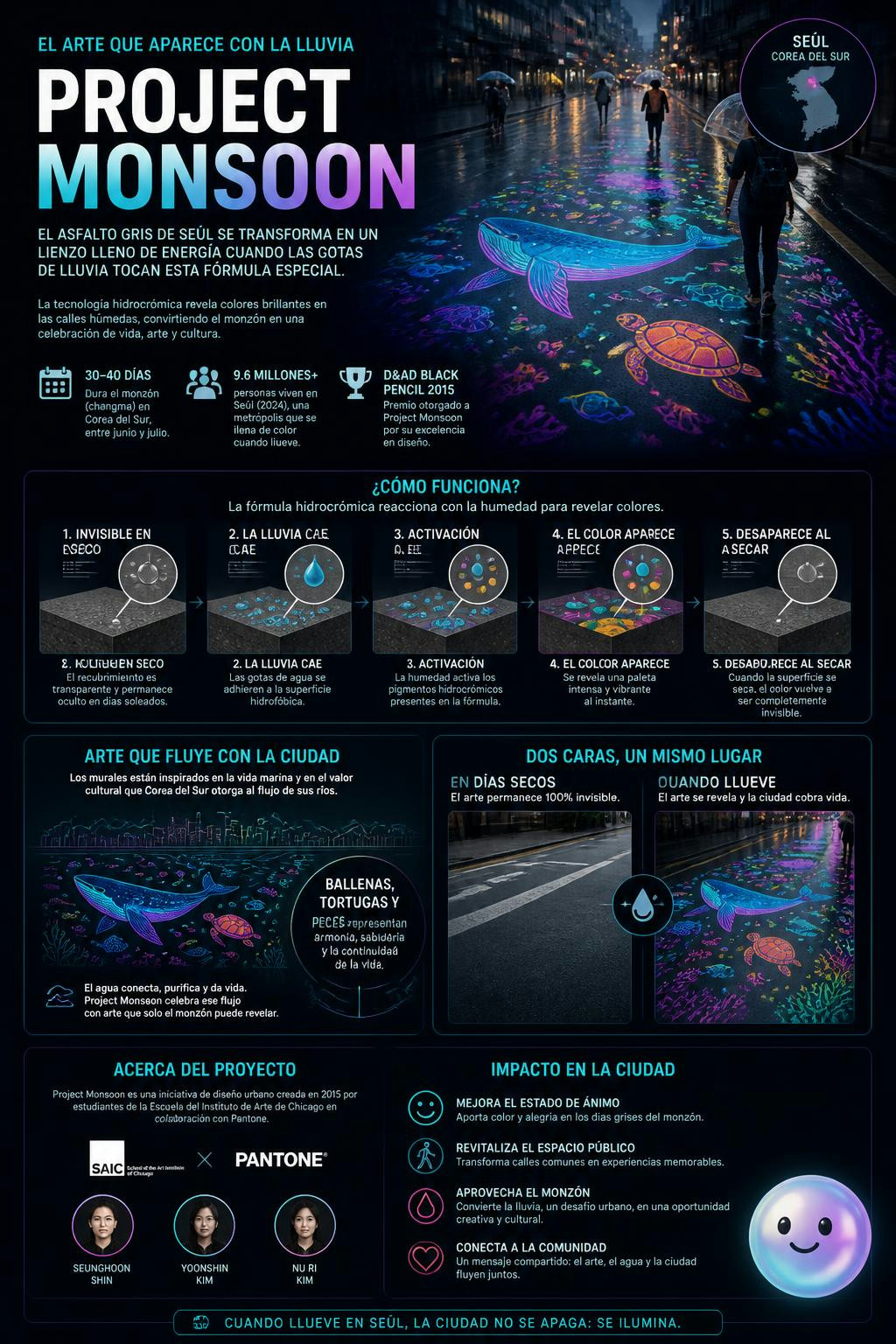 La tecnología hidrofóbica transforma las calles grises de Seúl en arte durante el monzón.