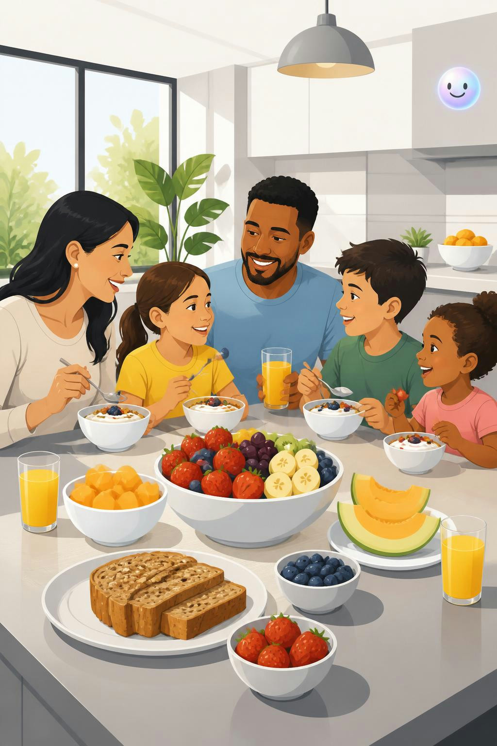 Desayuno delicioso en familia con frutas nutritivas