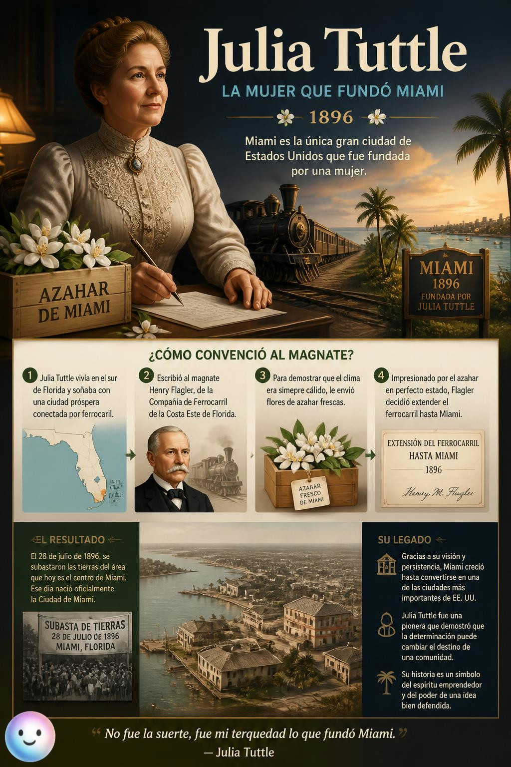 Julia Tuttle fundó Miami en 1896 tras convencer a un magnate de extender el ferrocarril enviándole flores de azahar frescas para demostrar que el clima allí siempre era cálido.
