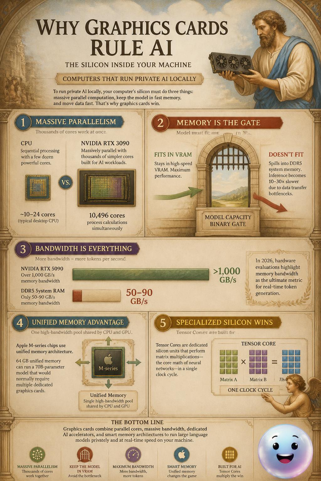 Graphics cards rule AI because they handle thousands of calculations at once.