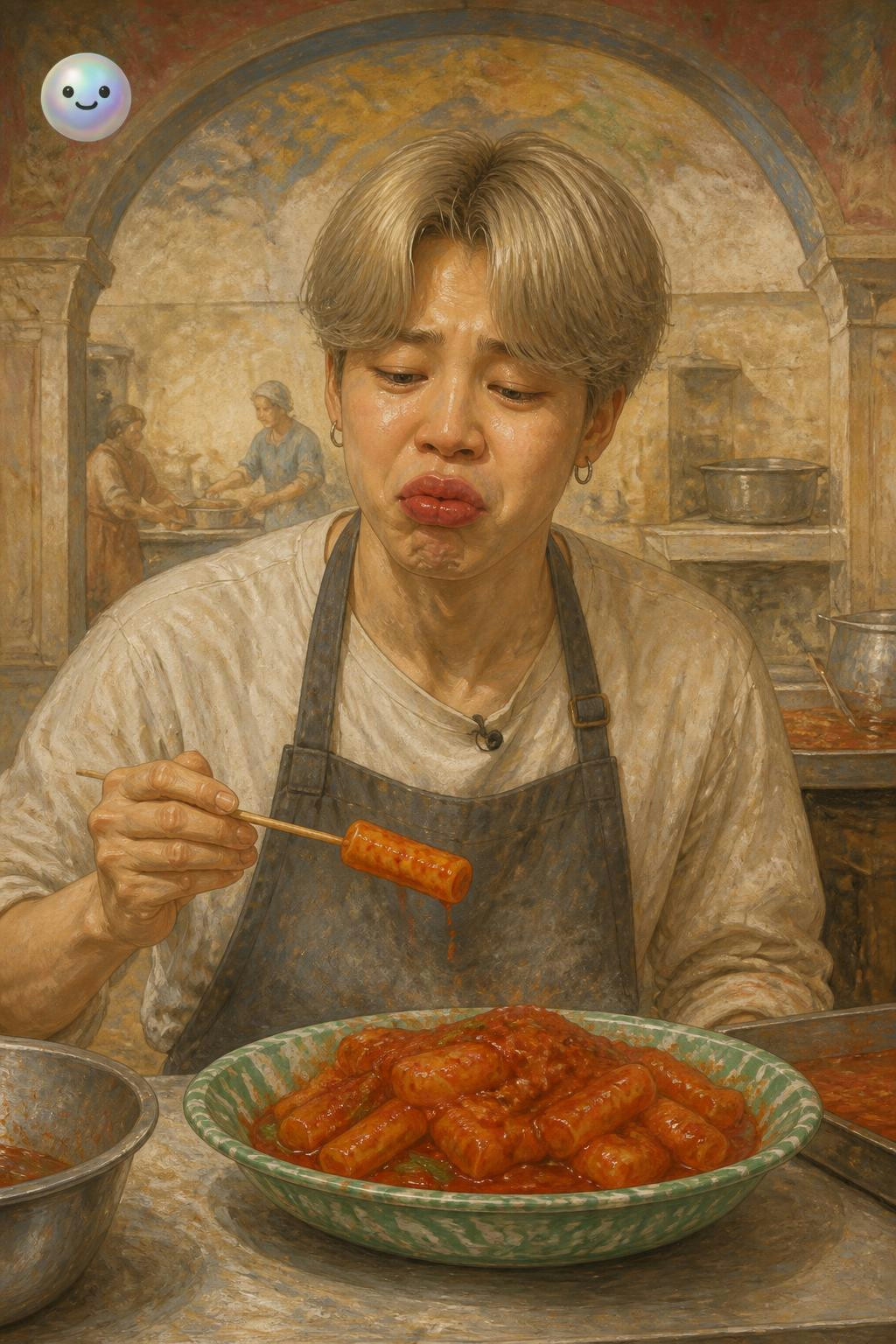 El tteokbokki muy picante provoca que los labios de Jimin se hinchen tiernamente