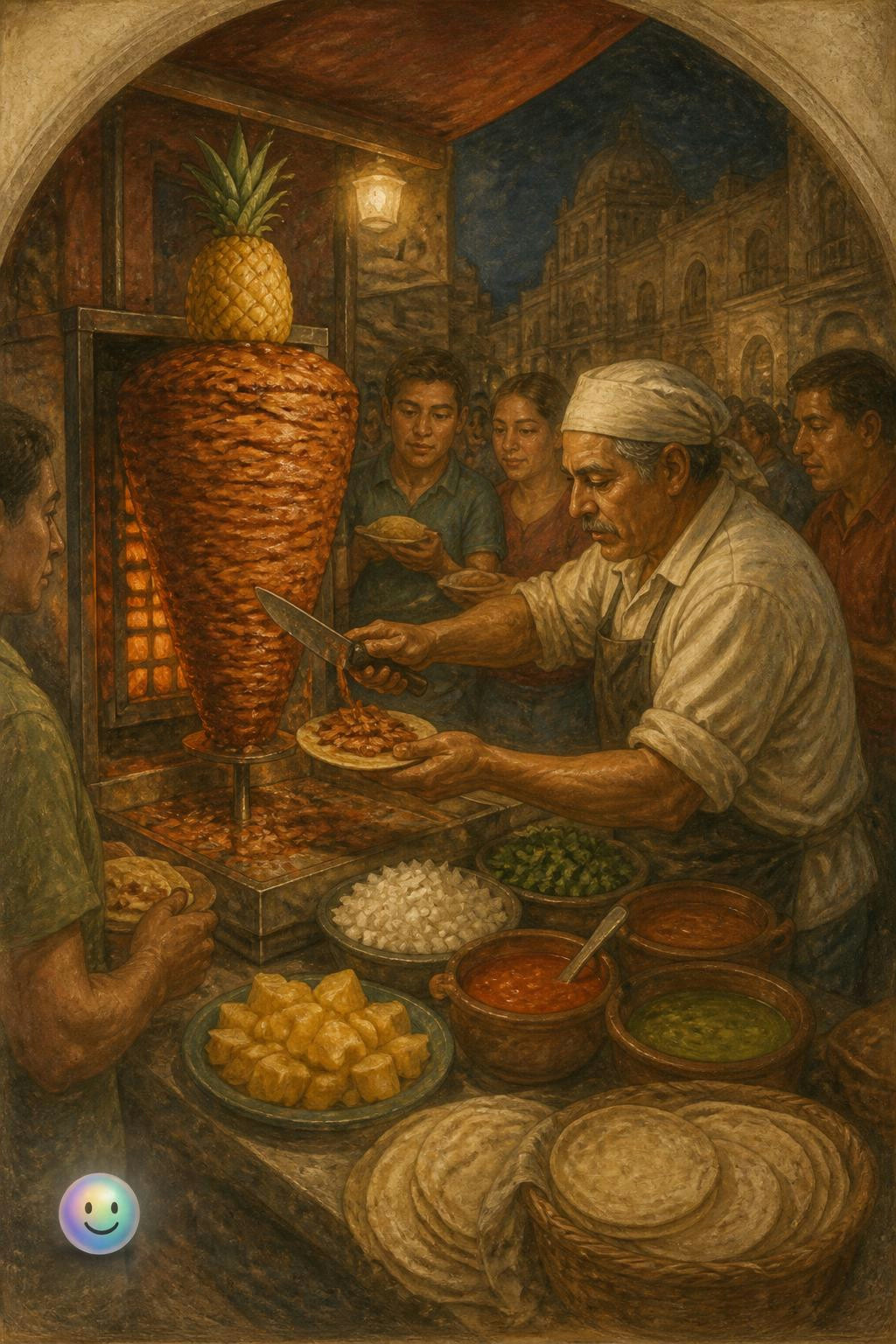 La piña en el taco al pastor no es adorno, ayuda a ablandar la carne.
