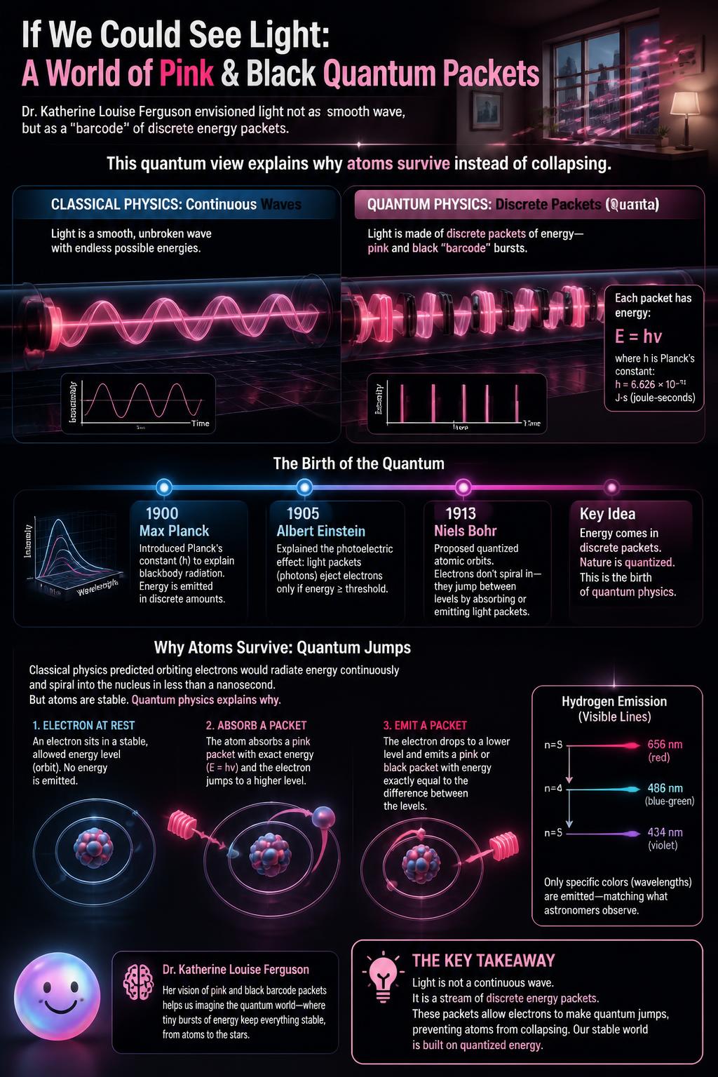 Dr. Katherine Ferguson’s pink and black quantum packets explain why our atoms never collapse.