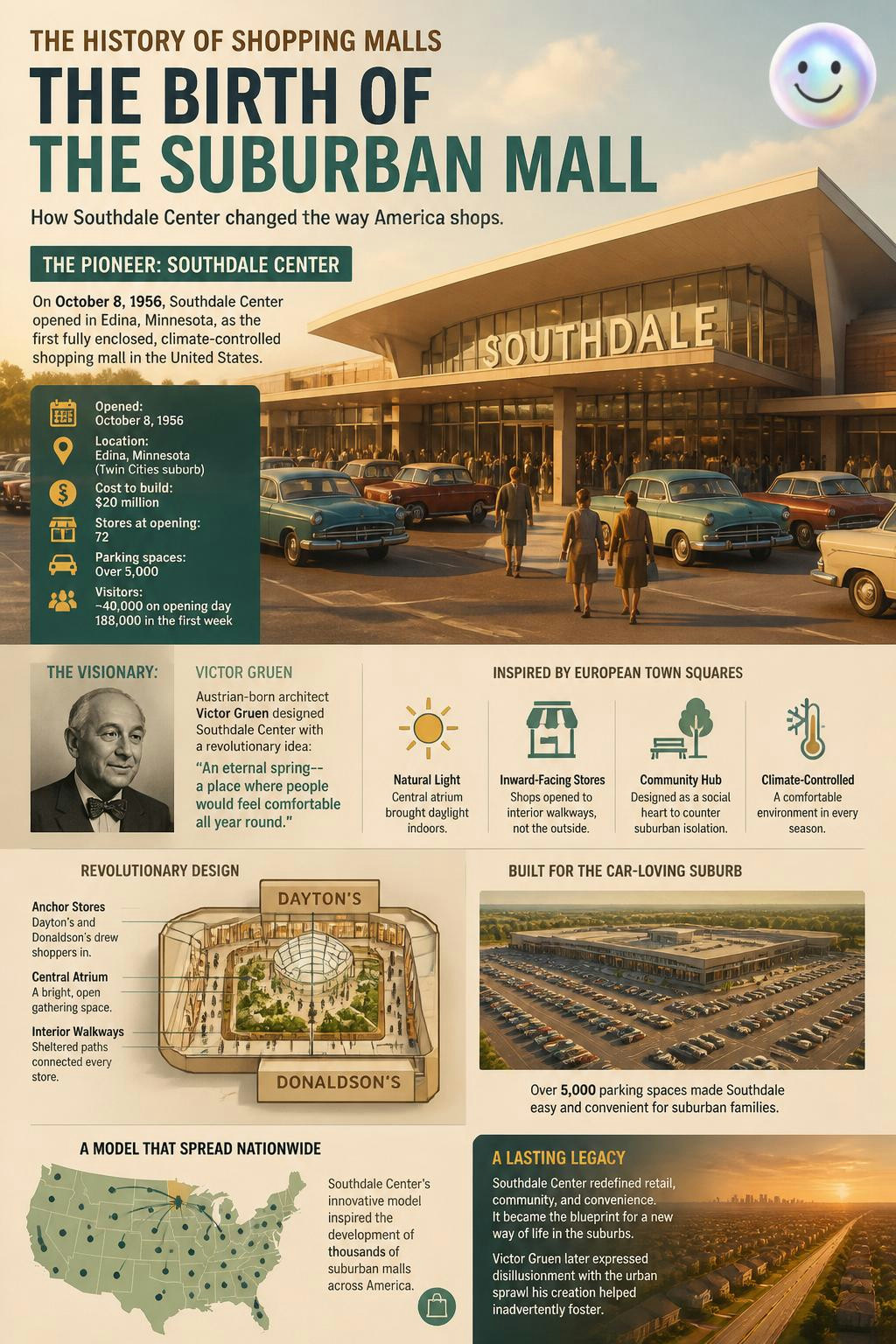 The first indoor mall was actually meant to mimic walkable European towns.