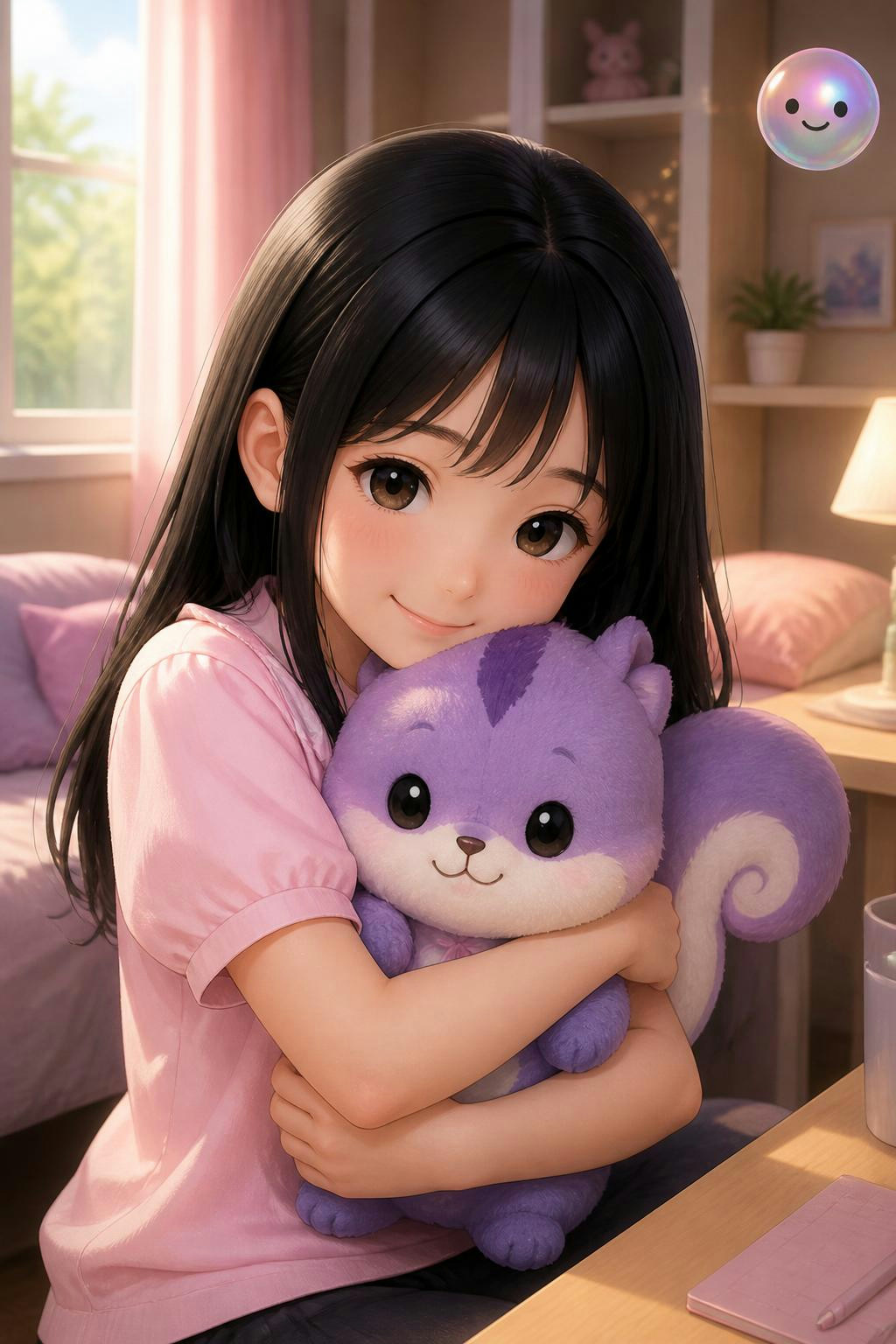 Una niña anime cabello negro blusa rosa abrazando a una ardilla de peluche morada ( mang BTS21)