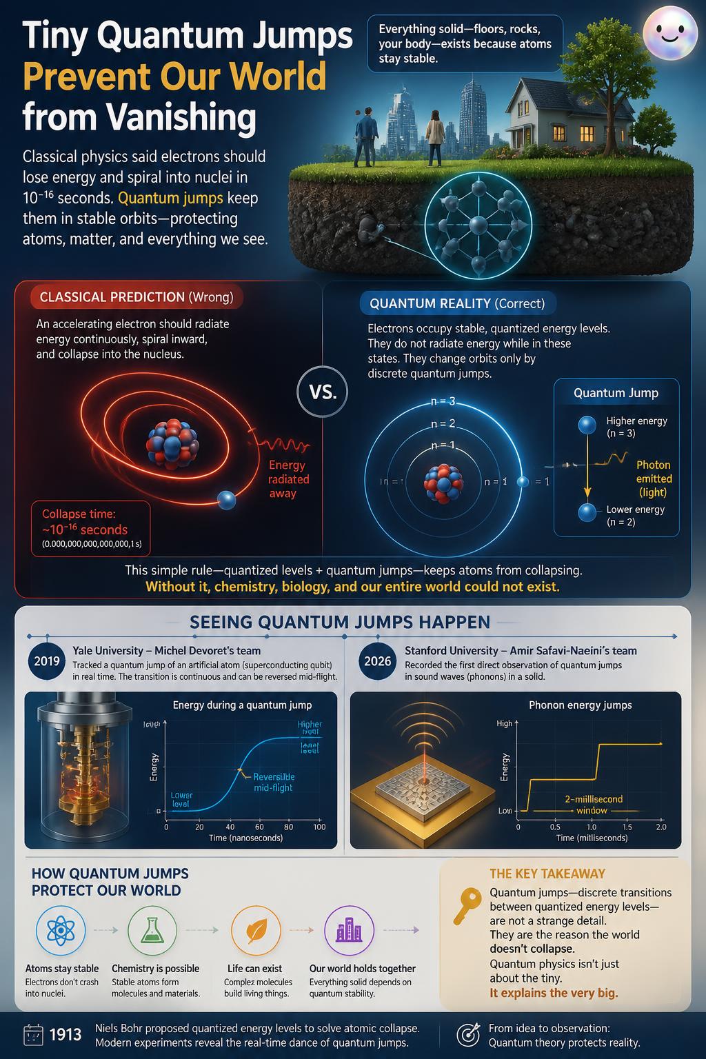 Our solid ground exists only because quantum jumps stop atoms from collapsing.