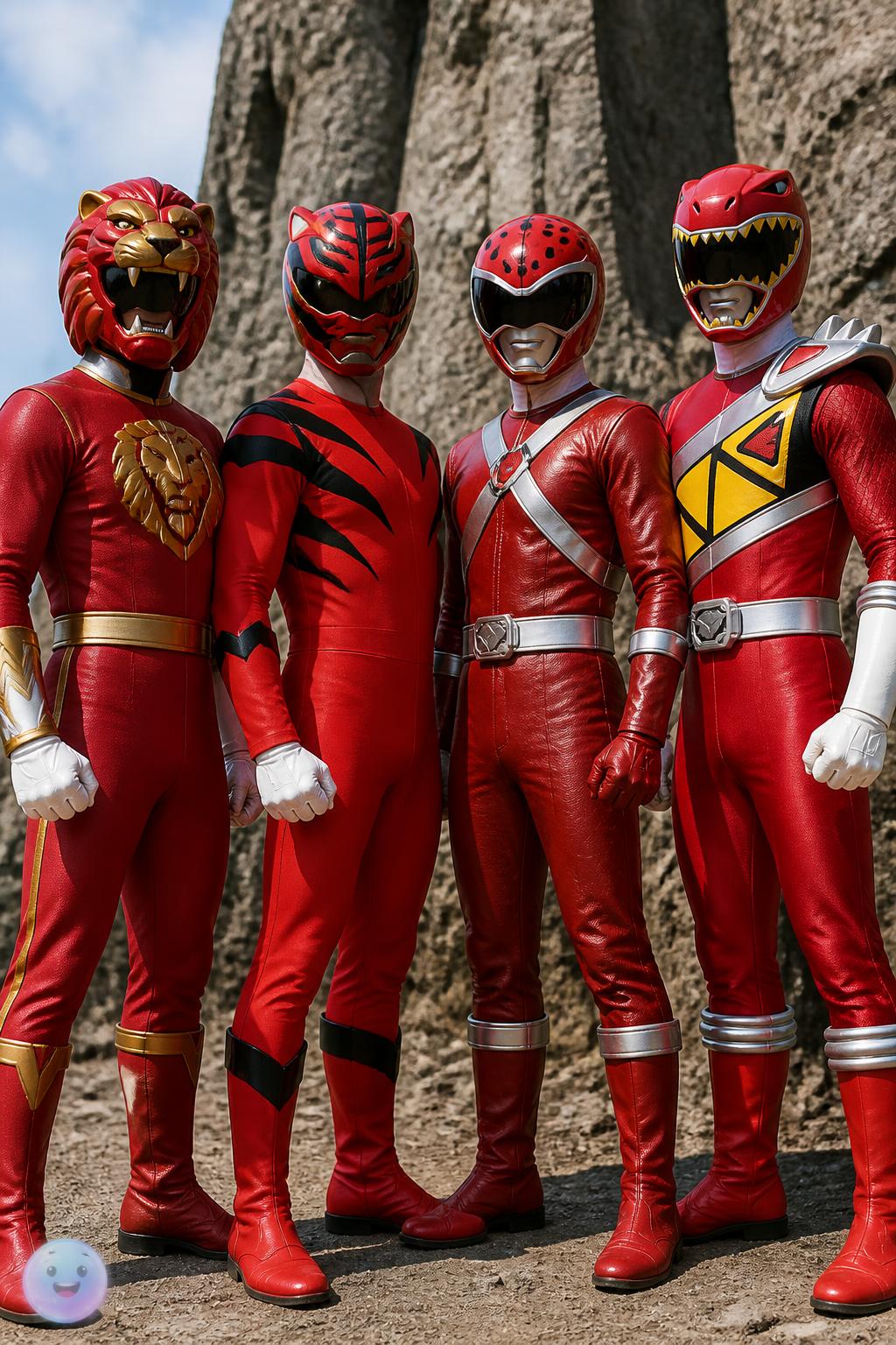 Wild animal features directly shape the helmets and gear of these four red rangers