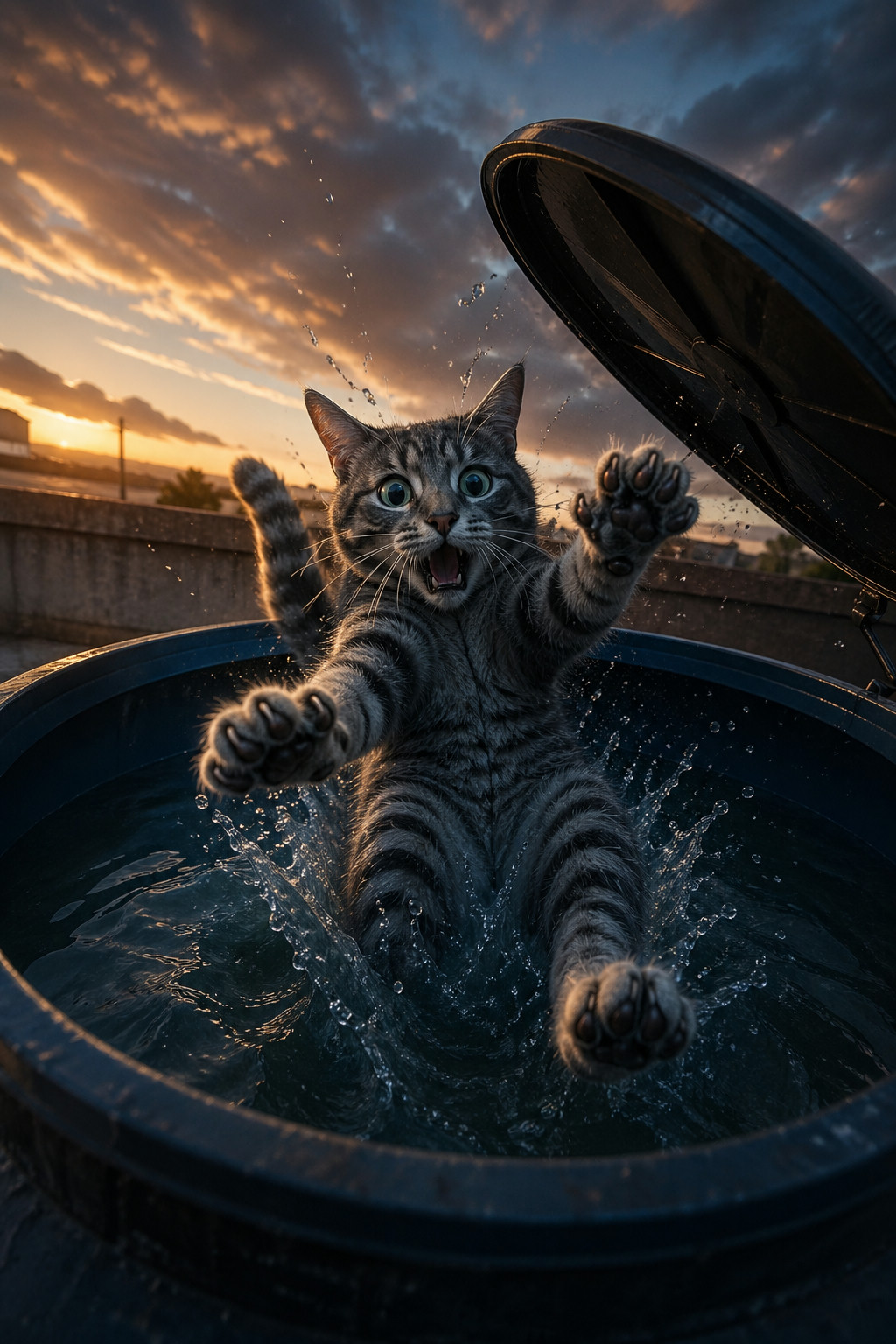 Una gato gris atigrado cayendo a un tinaco rotoplas lleno de agua