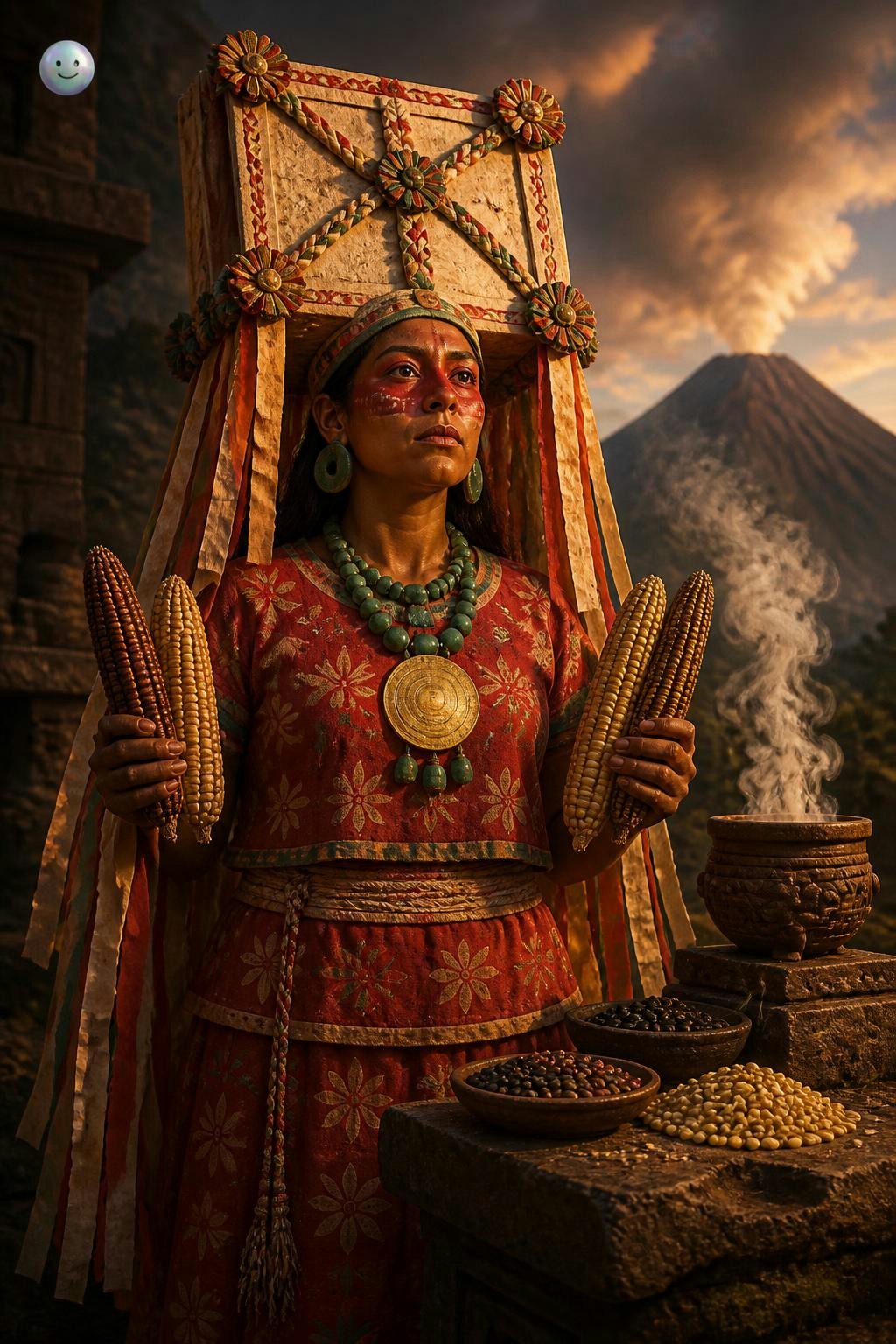 La tortilla de maíz nació de Chicomecóatl, la diosa mexica con tocado de papel.