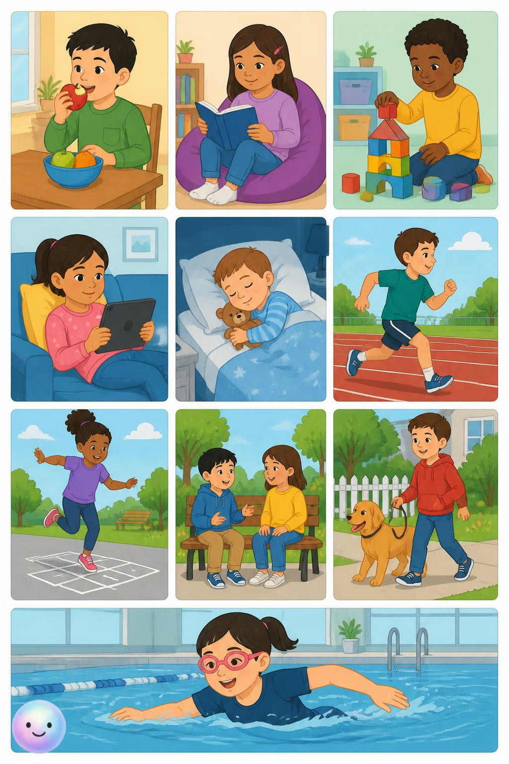Ten illustrated action verbs connect daily physical movements directly to their written words
