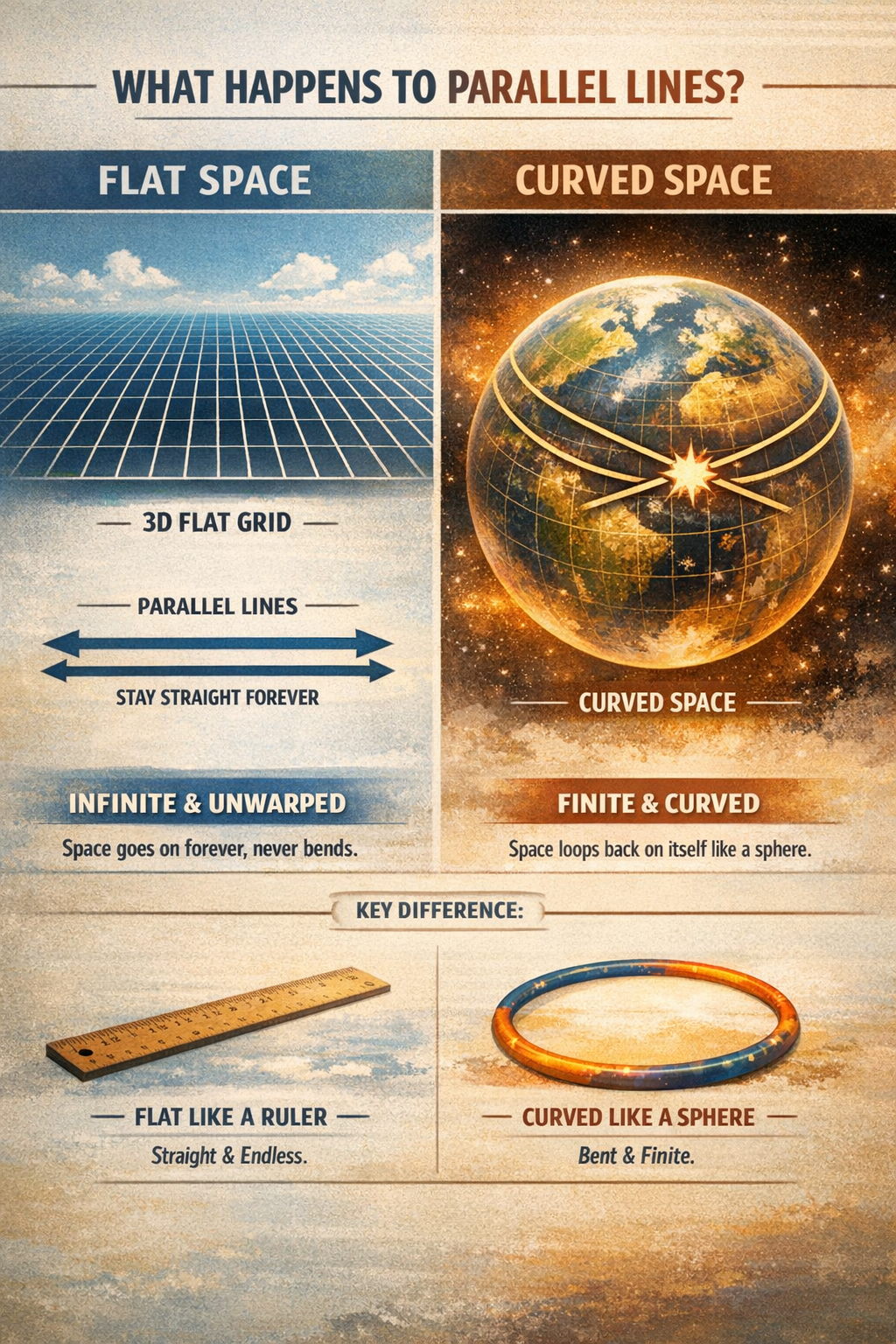 Space is 3D, but flat means its grid stays perfectly straight forever instead of looping back on itself.