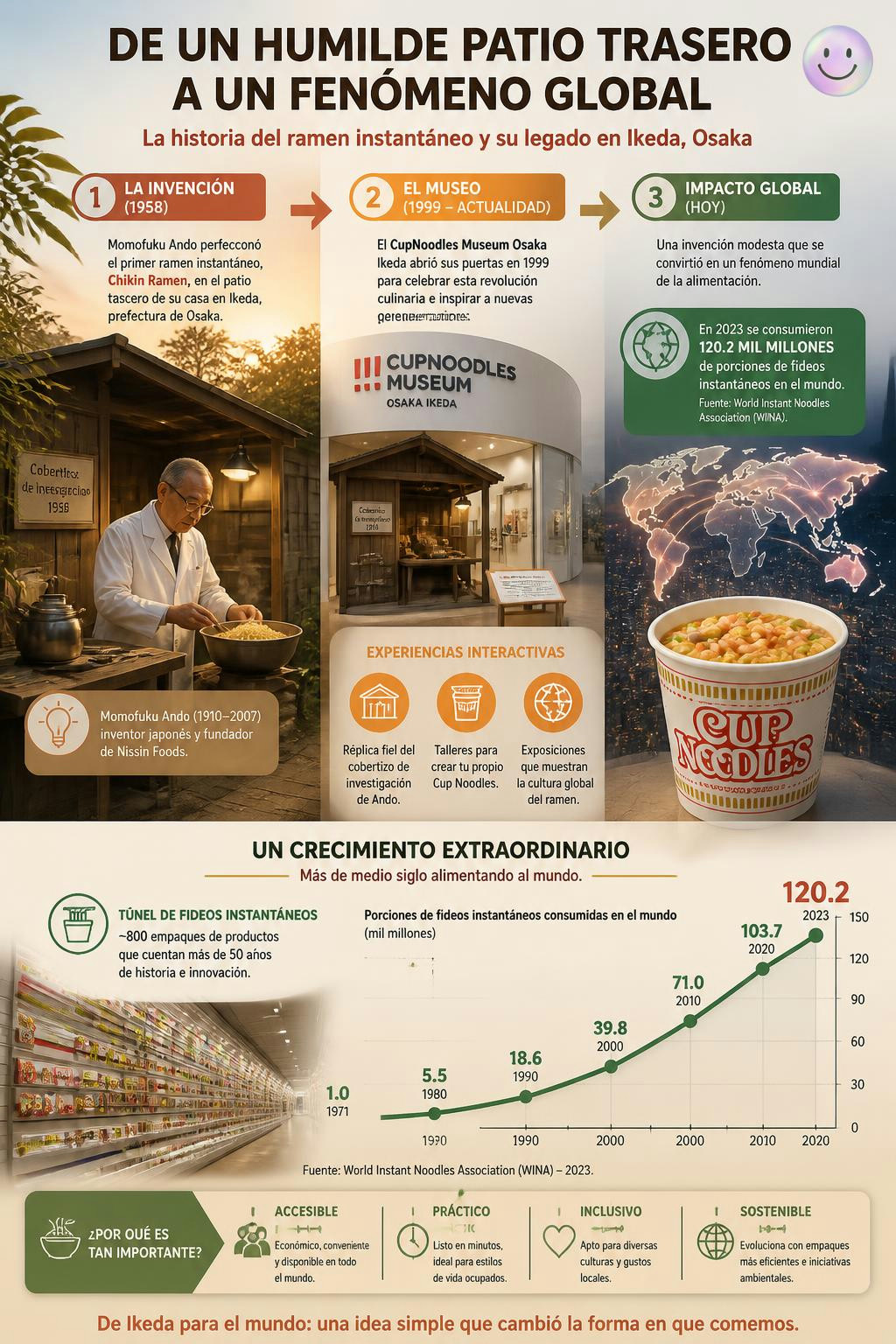 El revolucionario ramen instantáneo nació en un humilde patio trasero de Ikeda en 1958.
