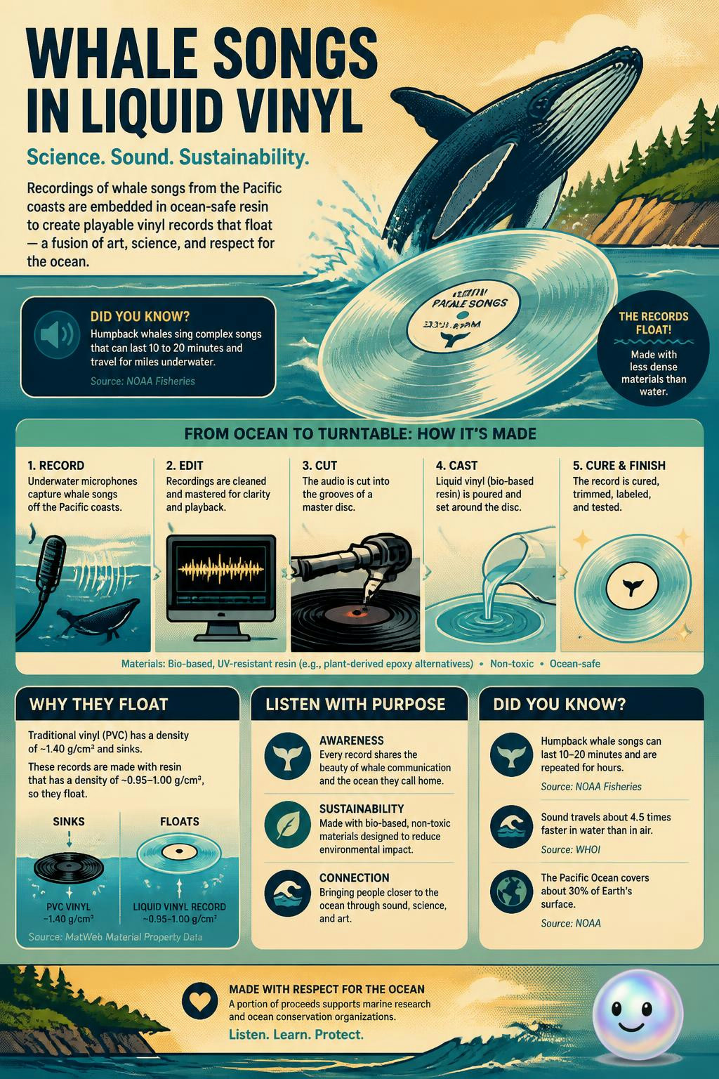 Mixing Pacific coast whale recordings with resin creates transparent vinyl records that float.