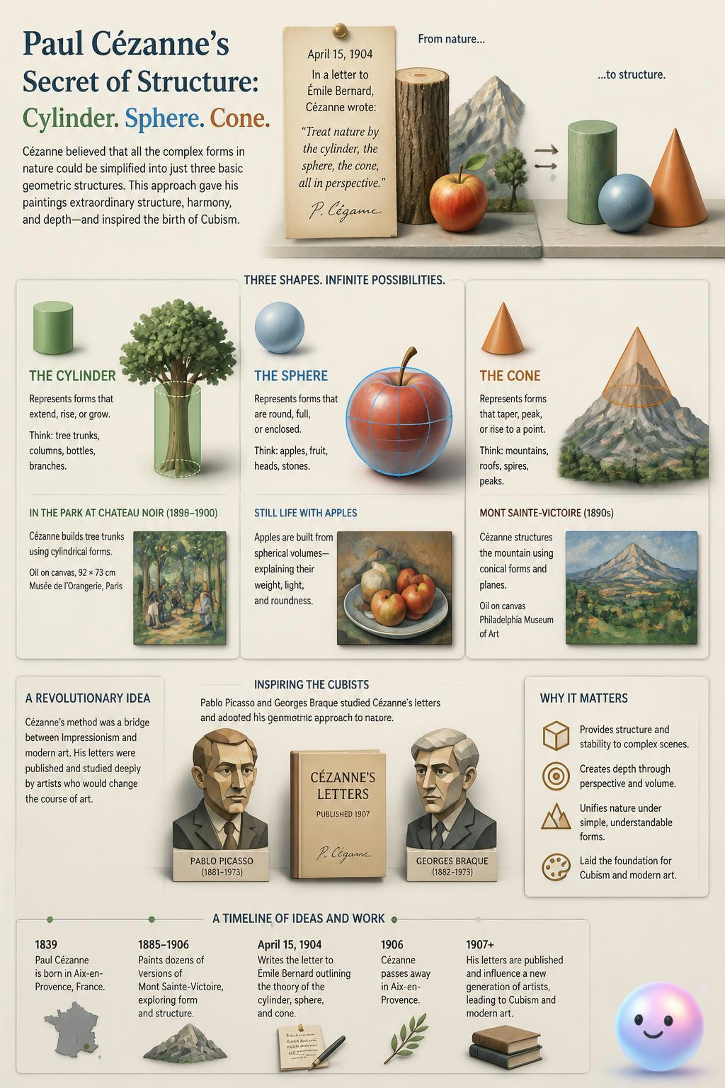 Paul Cézanne believed that three basic geometric shapes could rebuild the entire natural world