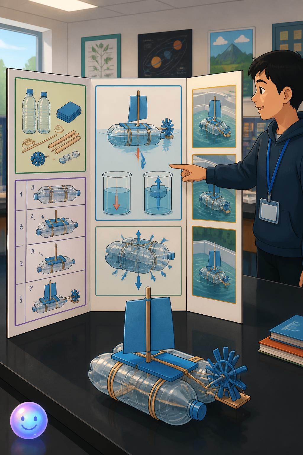 A science presentation board connects your handmade boat design to the physics of buoyancy.