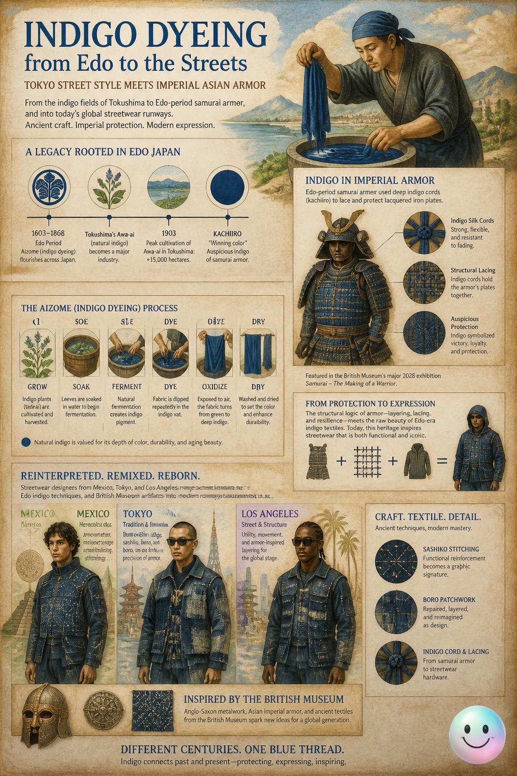 Edo samurai armor popularized the protective indigo dye used in today's K-pop streetwear.