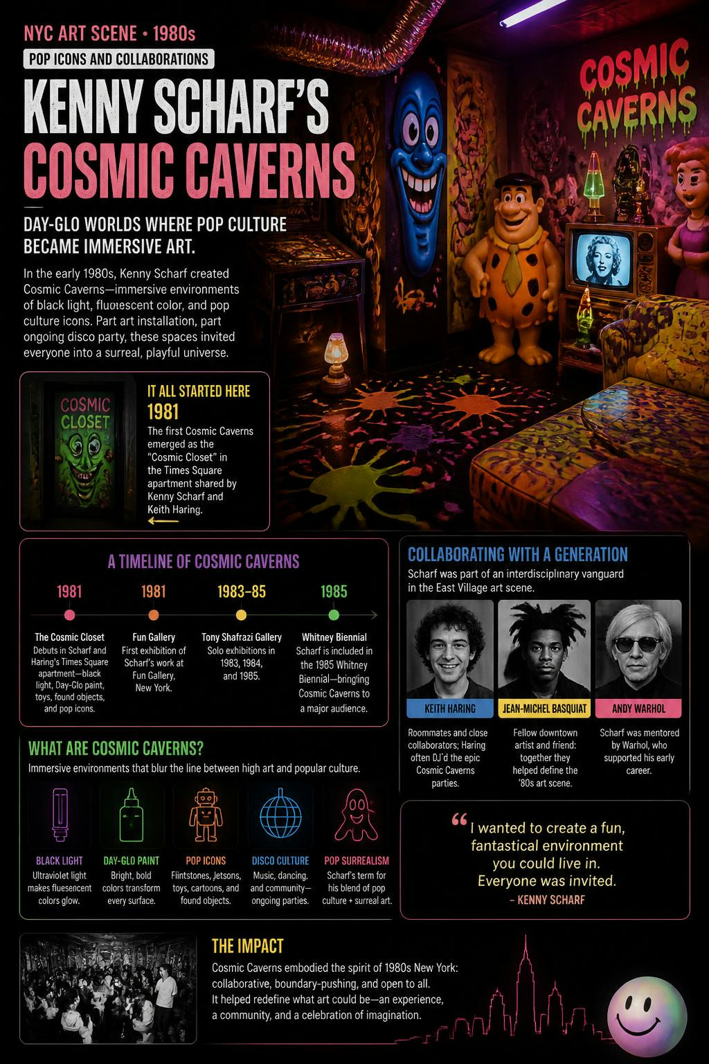 How did Kenny Scharf turn discarded 80s trash into glowing neon party caves?