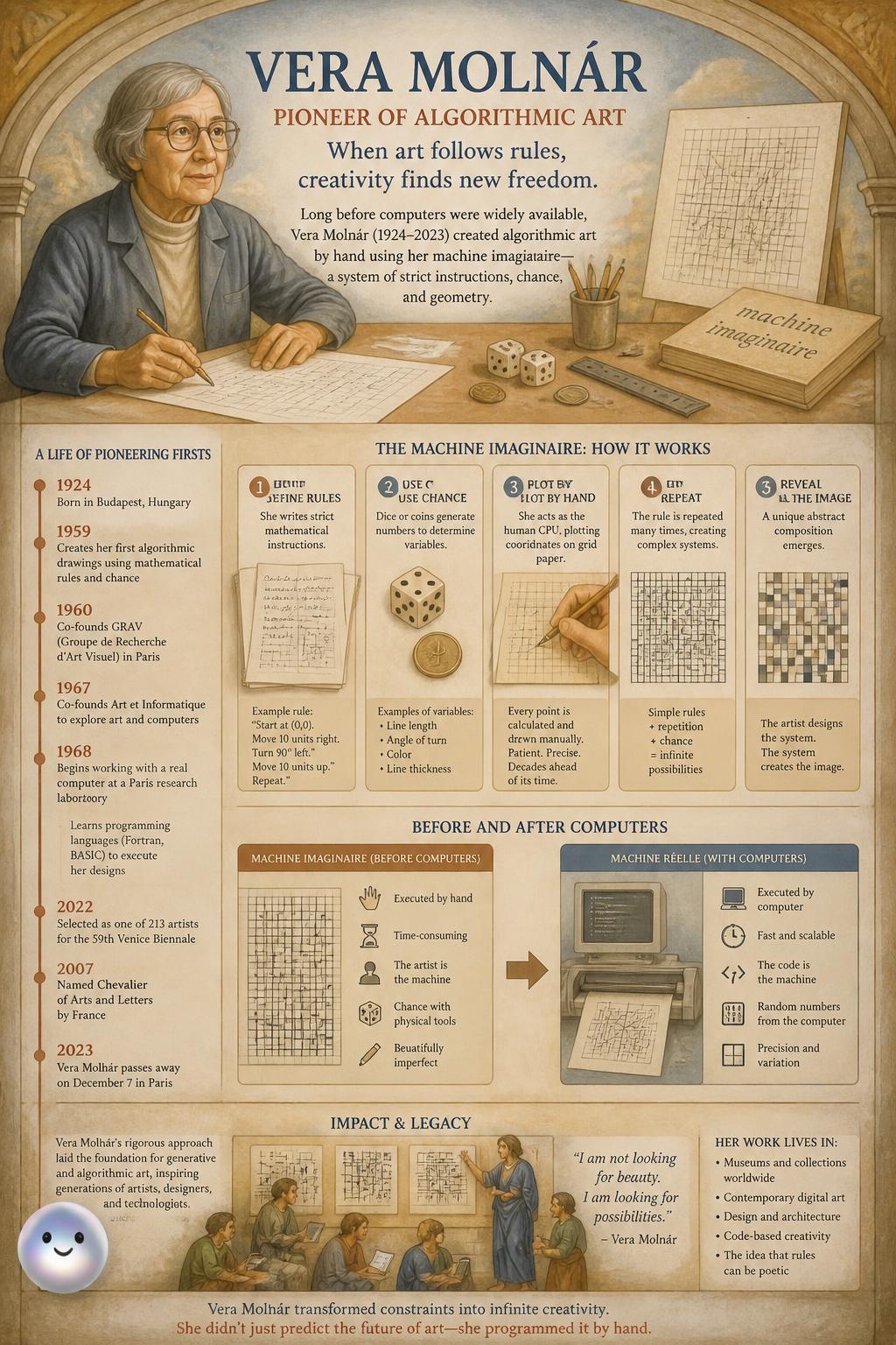 Artist Vera Molnár created algorithmic art by hand long before using a computer.